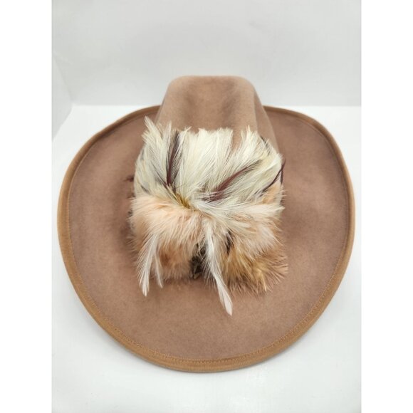 Lancaster Cowboy Hat Women's Tan 100% Wool Feather Trim Sonni 55cm Made In USA - Picture 5 of 8